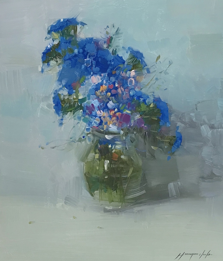Vase of Blue Flowers, Original oil Painting, Handmade artwork, One of a Kind                                       